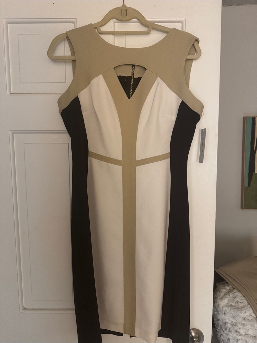 Sandra Darren Black, Cream & Tan Colorblock Midi Sheath Dress